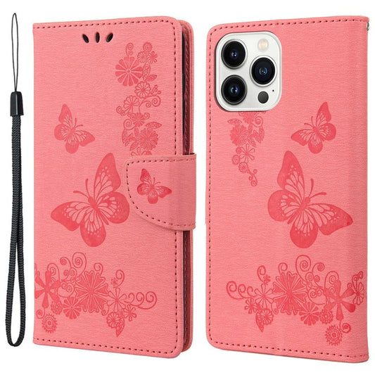 Cell Phone Case Bag for iPhone 14 Pro 6.1 inch, Big Butterflies Flower Pattern Imprinting Stand Wallet Flip Magnetic Phone Cover - Pink