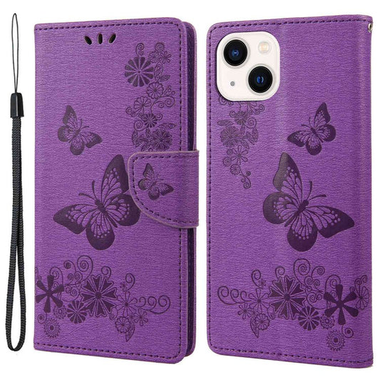 For iPhone 14 6.1 inch PU Leather Big Butterflies Flower Pattern Imprinting Phone Cover Stand Function Wallet Flip Magnetic Case with Strap - Purple