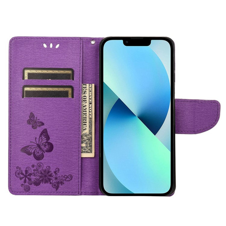 For iPhone 14 6.1 inch PU Leather Big Butterflies Flower Pattern Imprinting Phone Cover Stand Function Wallet Flip Magnetic Case with Strap - Purple