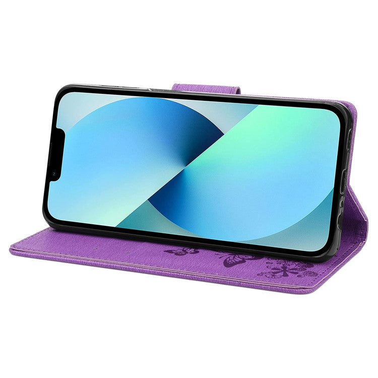 For iPhone 14 6.1 inch PU Leather Big Butterflies Flower Pattern Imprinting Phone Cover Stand Function Wallet Flip Magnetic Case with Strap - Purple