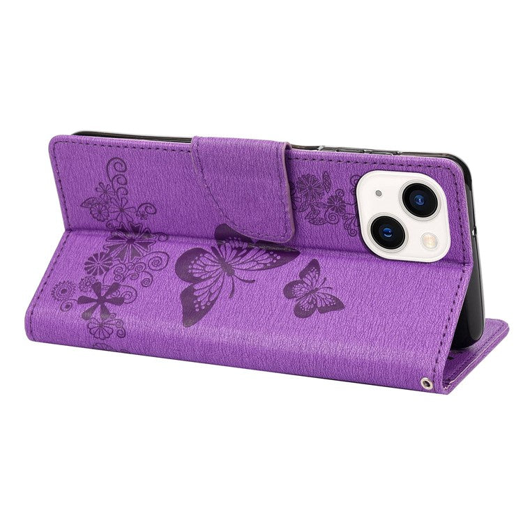 For iPhone 14 6.1 inch PU Leather Big Butterflies Flower Pattern Imprinting Phone Cover Stand Function Wallet Flip Magnetic Case with Strap - Purple
