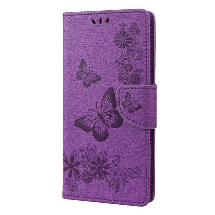 For iPhone 14 6.1 inch PU Leather Big Butterflies Flower Pattern Imprinting Phone Cover Stand Function Wallet Flip Magnetic Case with Strap - Purple