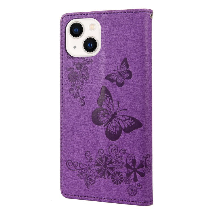 For iPhone 14 6.1 inch PU Leather Big Butterflies Flower Pattern Imprinting Phone Cover Stand Function Wallet Flip Magnetic Case with Strap - Purple