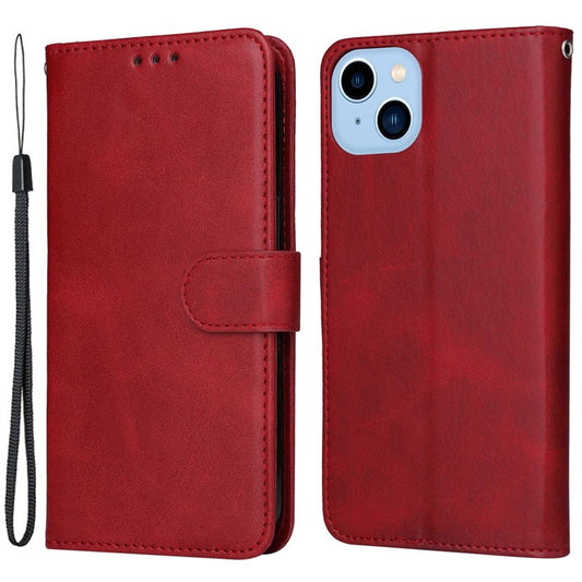 For iPhone 14 Plus Calf Texture PU Leather Magnetic Clasp Phone Stand Wallet Cover Drop-proof Case - Red