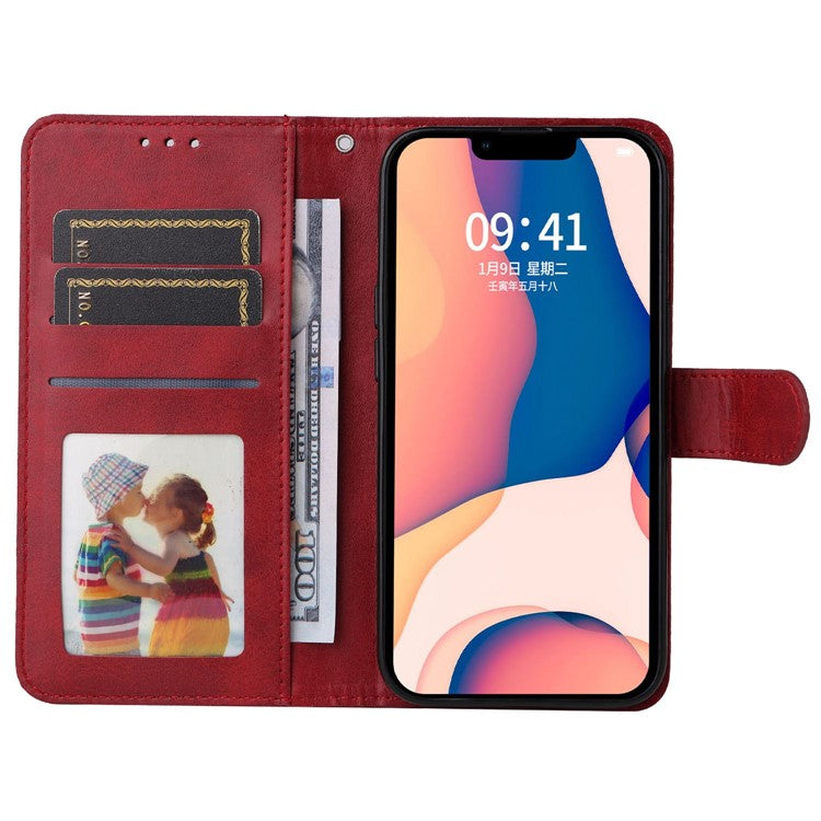 For iPhone 14 Plus Calf Texture PU Leather Magnetic Clasp Phone Stand Wallet Cover Drop-proof Case - Red