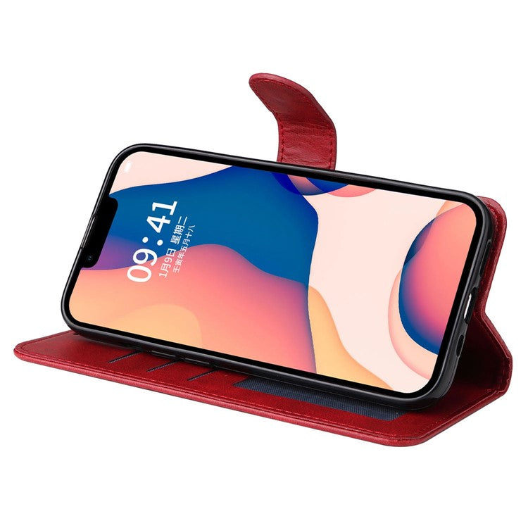 For iPhone 14 Plus Calf Texture PU Leather Magnetic Clasp Phone Stand Wallet Cover Drop-proof Case - Red