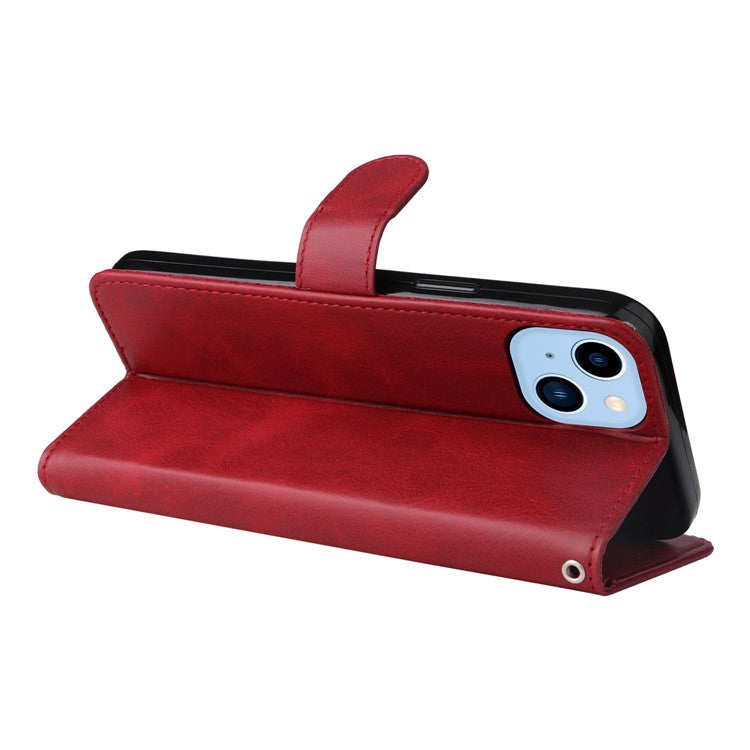 For iPhone 14 Plus Calf Texture PU Leather Magnetic Clasp Phone Stand Wallet Cover Drop-proof Case - Red