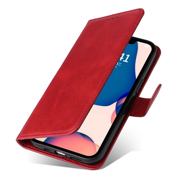 For iPhone 14 Plus Calf Texture PU Leather Magnetic Clasp Phone Stand Wallet Cover Drop-proof Case - Red