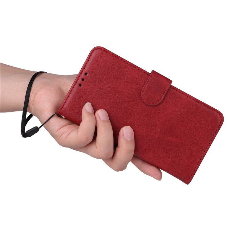 For iPhone 14 Plus Calf Texture PU Leather Magnetic Clasp Phone Stand Wallet Cover Drop-proof Case - Red
