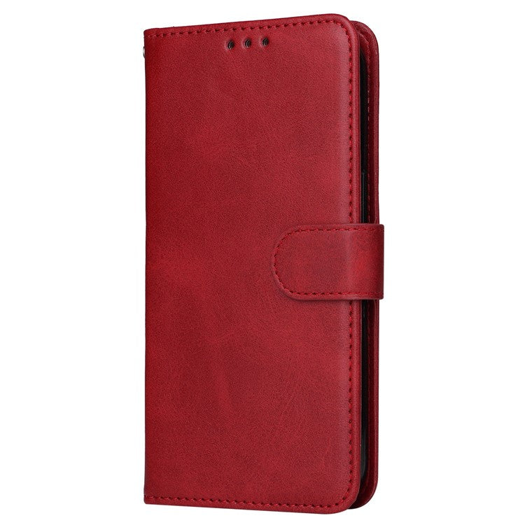 For iPhone 14 Plus Calf Texture PU Leather Magnetic Clasp Phone Stand Wallet Cover Drop-proof Case - Red