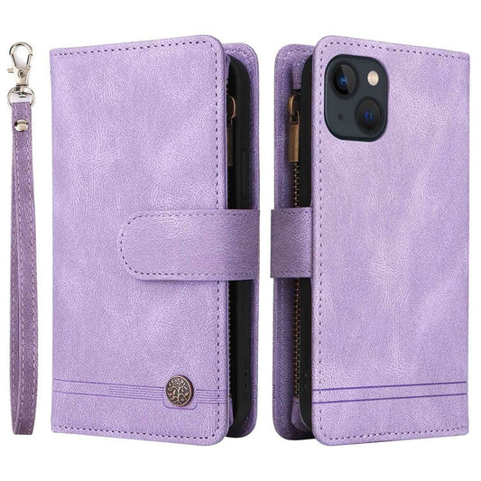 For iPhone 14 6.1 inch Drop Resistant Skin-touch Stripes Imprinted Leather Cover Card Slots Flip Wallet Stand Protective Case with Zipper Pocket - Purple