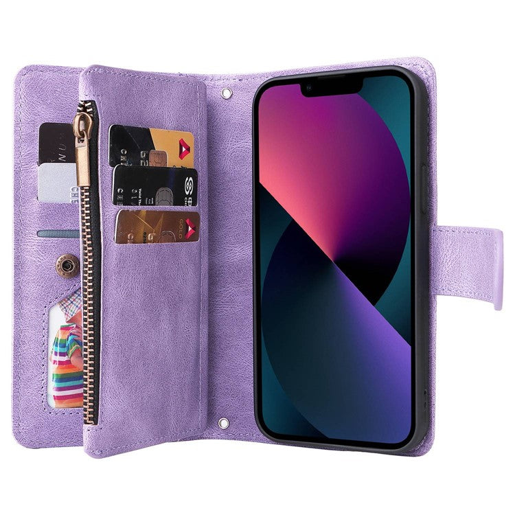 For iPhone 14 6.1 inch Drop Resistant Skin-touch Stripes Imprinted Leather Cover Card Slots Flip Wallet Stand Protective Case with Zipper Pocket - Purple