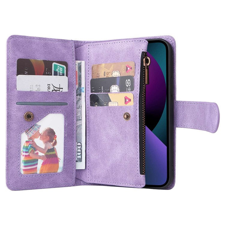 For iPhone 14 6.1 inch Drop Resistant Skin-touch Stripes Imprinted Leather Cover Card Slots Flip Wallet Stand Protective Case with Zipper Pocket - Purple