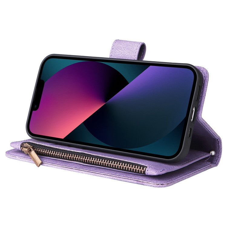 For iPhone 14 6.1 inch Drop Resistant Skin-touch Stripes Imprinted Leather Cover Card Slots Flip Wallet Stand Protective Case with Zipper Pocket - Purple