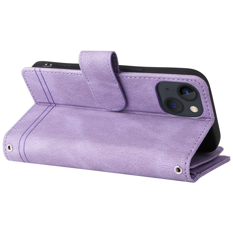 For iPhone 14 6.1 inch Drop Resistant Skin-touch Stripes Imprinted Leather Cover Card Slots Flip Wallet Stand Protective Case with Zipper Pocket - Purple