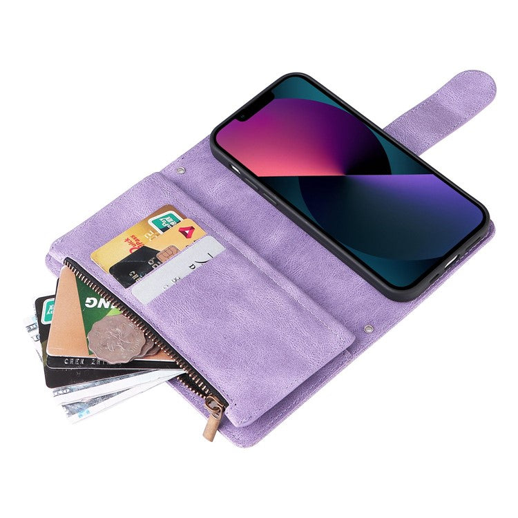 For iPhone 14 6.1 inch Drop Resistant Skin-touch Stripes Imprinted Leather Cover Card Slots Flip Wallet Stand Protective Case with Zipper Pocket - Purple