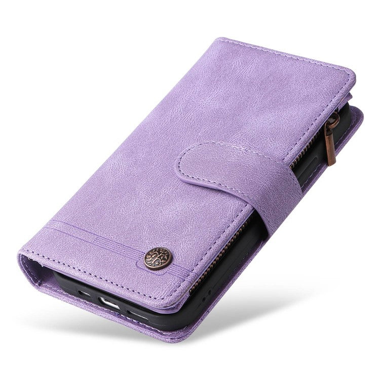 For iPhone 14 6.1 inch Drop Resistant Skin-touch Stripes Imprinted Leather Cover Card Slots Flip Wallet Stand Protective Case with Zipper Pocket - Purple
