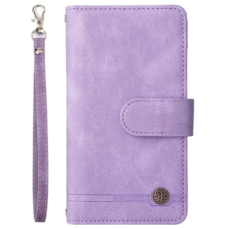 For iPhone 14 6.1 inch Drop Resistant Skin-touch Stripes Imprinted Leather Cover Card Slots Flip Wallet Stand Protective Case with Zipper Pocket - Purple