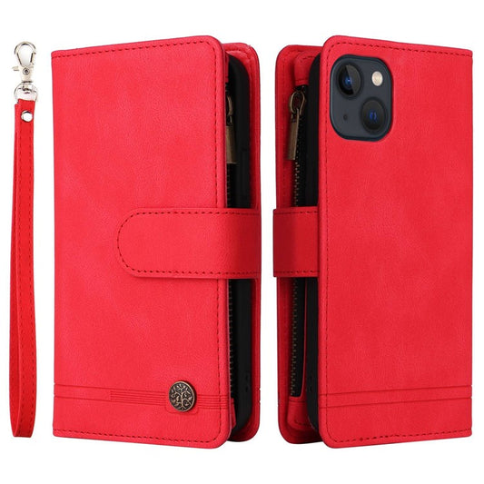 For iPhone 14 6.1 inch Drop Resistant Skin-touch Stripes Imprinted Leather Cover Card Slots Flip Wallet Stand Protective Case with Zipper Pocket - Red