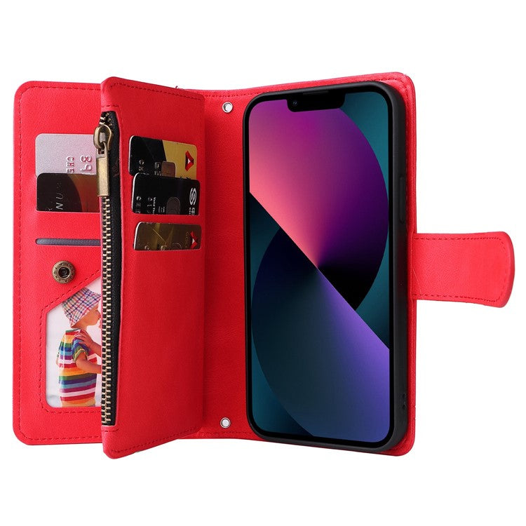 For iPhone 14 6.1 inch Drop Resistant Skin-touch Stripes Imprinted Leather Cover Card Slots Flip Wallet Stand Protective Case with Zipper Pocket - Red
