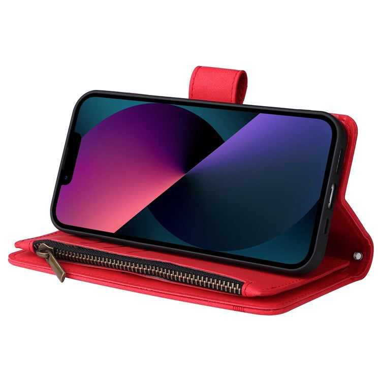 For iPhone 14 6.1 inch Drop Resistant Skin-touch Stripes Imprinted Leather Cover Card Slots Flip Wallet Stand Protective Case with Zipper Pocket - Red