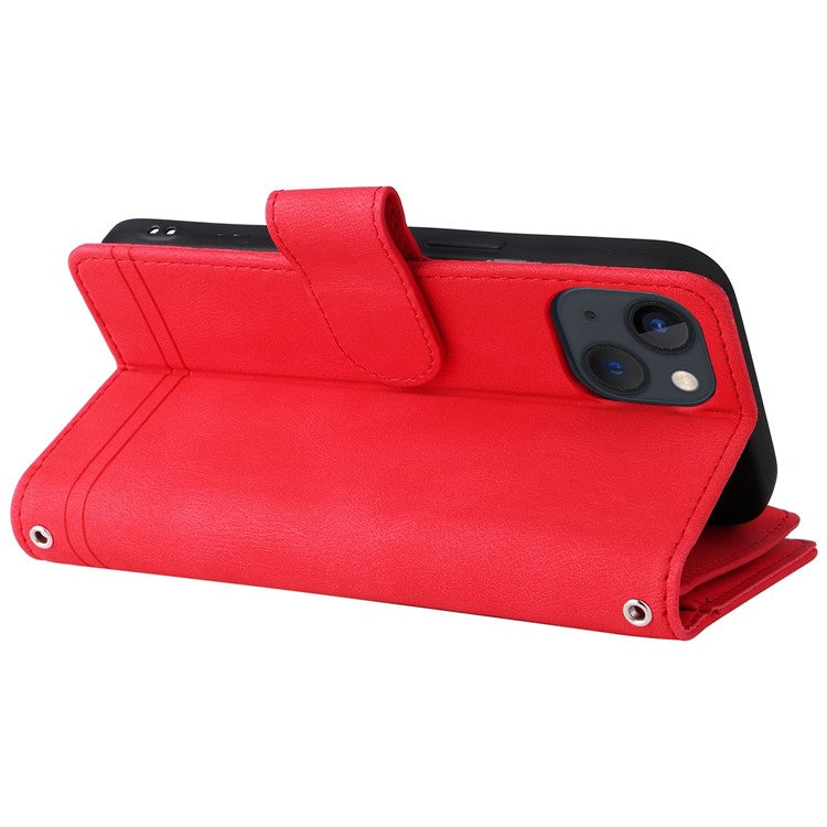 For iPhone 14 6.1 inch Drop Resistant Skin-touch Stripes Imprinted Leather Cover Card Slots Flip Wallet Stand Protective Case with Zipper Pocket - Red