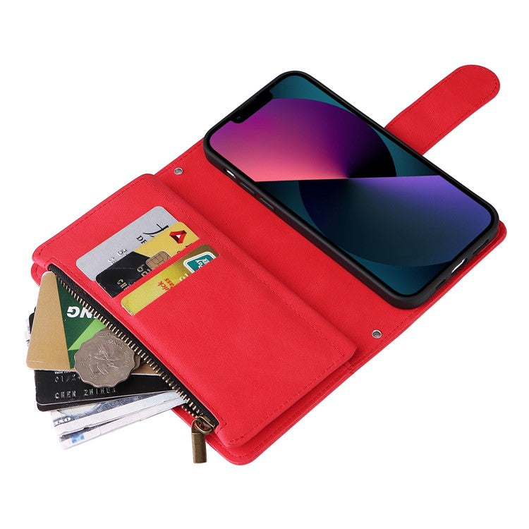 For iPhone 14 6.1 inch Drop Resistant Skin-touch Stripes Imprinted Leather Cover Card Slots Flip Wallet Stand Protective Case with Zipper Pocket - Red