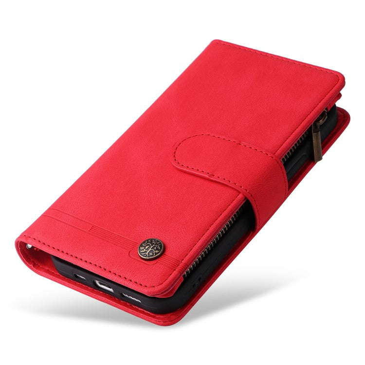 For iPhone 14 6.1 inch Drop Resistant Skin-touch Stripes Imprinted Leather Cover Card Slots Flip Wallet Stand Protective Case with Zipper Pocket - Red