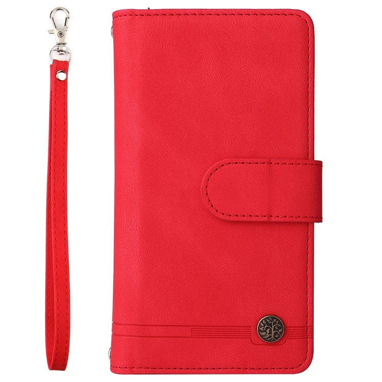 For iPhone 14 6.1 inch Drop Resistant Skin-touch Stripes Imprinted Leather Cover Card Slots Flip Wallet Stand Protective Case with Zipper Pocket - Red