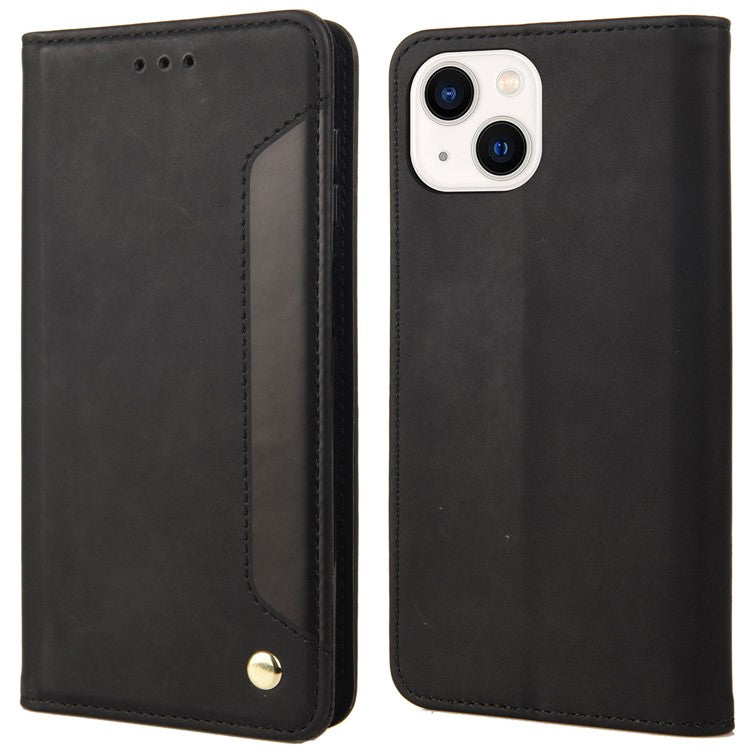 For iPhone 14 6.1 inch Stand Wallet Splicing Skin-touch Leather Phone Case Magnetic Auto-absorbed Folio Flip Cover - Black