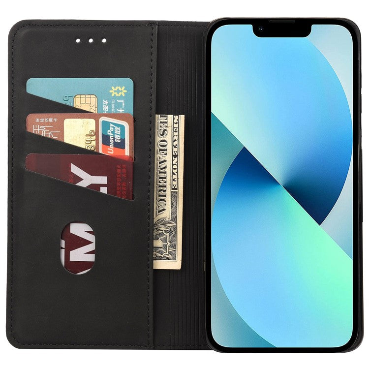 For iPhone 14 6.1 inch Stand Wallet Splicing Skin-touch Leather Phone Case Magnetic Auto-absorbed Folio Flip Cover - Black