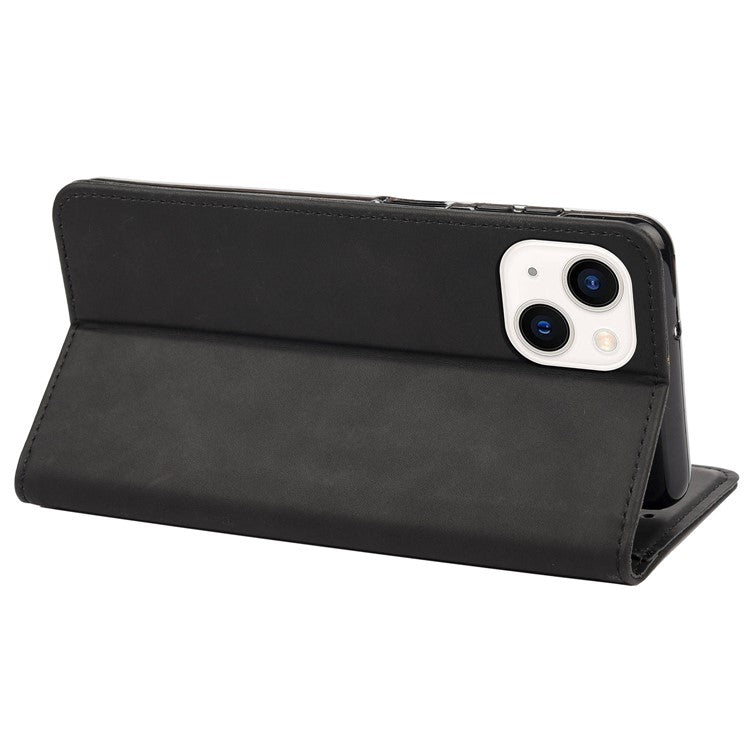 For iPhone 14 6.1 inch Stand Wallet Splicing Skin-touch Leather Phone Case Magnetic Auto-absorbed Folio Flip Cover - Black