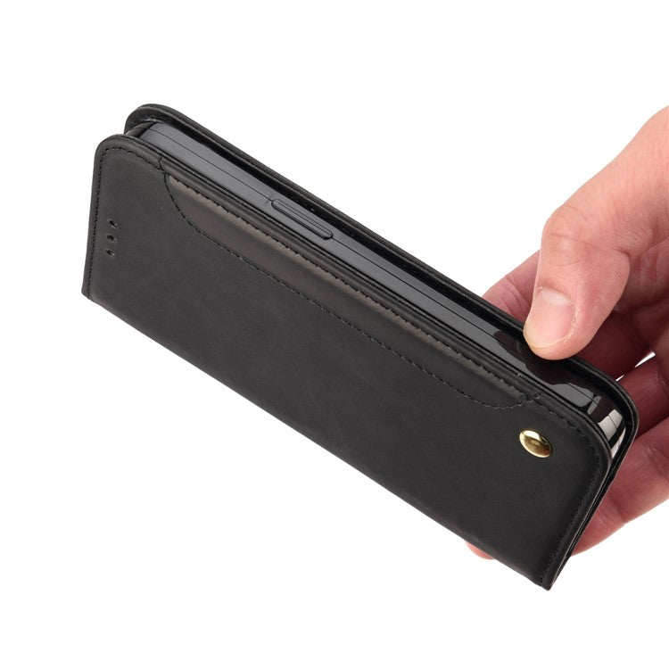 For iPhone 14 6.1 inch Stand Wallet Splicing Skin-touch Leather Phone Case Magnetic Auto-absorbed Folio Flip Cover - Black