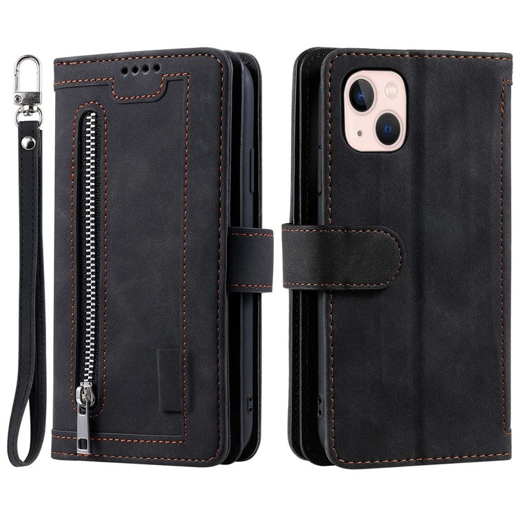 For iPhone 14 6.1 inch Zipper Pocket Design 9 Card Slots PU Leather Case Magnetic Closure Stand Wallet Cover with Strap - Black