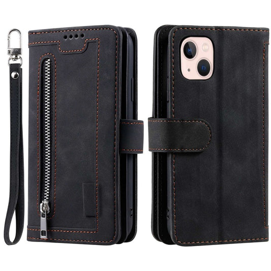 For iPhone 14 6.1 inch Zipper Pocket Design 9 Card Slots PU Leather Case Magnetic Closure Stand Wallet Cover with Strap - Black