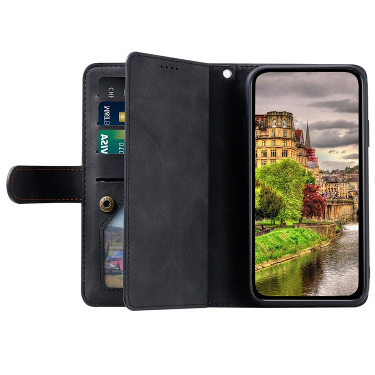 For iPhone 14 6.1 inch Zipper Pocket Design 9 Card Slots PU Leather Case Magnetic Closure Stand Wallet Cover with Strap - Black