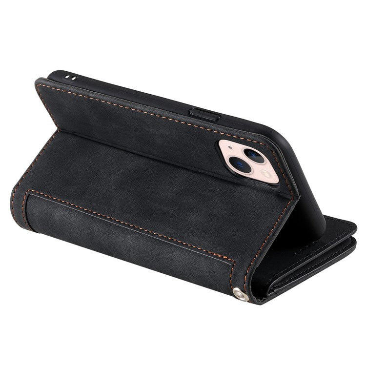 For iPhone 14 6.1 inch Zipper Pocket Design 9 Card Slots PU Leather Case Magnetic Closure Stand Wallet Cover with Strap - Black