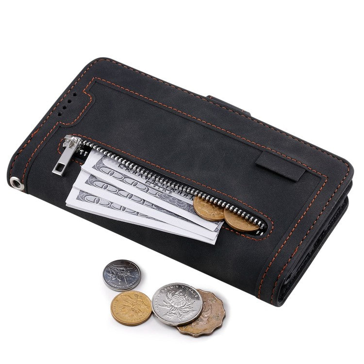 For iPhone 14 6.1 inch Zipper Pocket Design 9 Card Slots PU Leather Case Magnetic Closure Stand Wallet Cover with Strap - Black