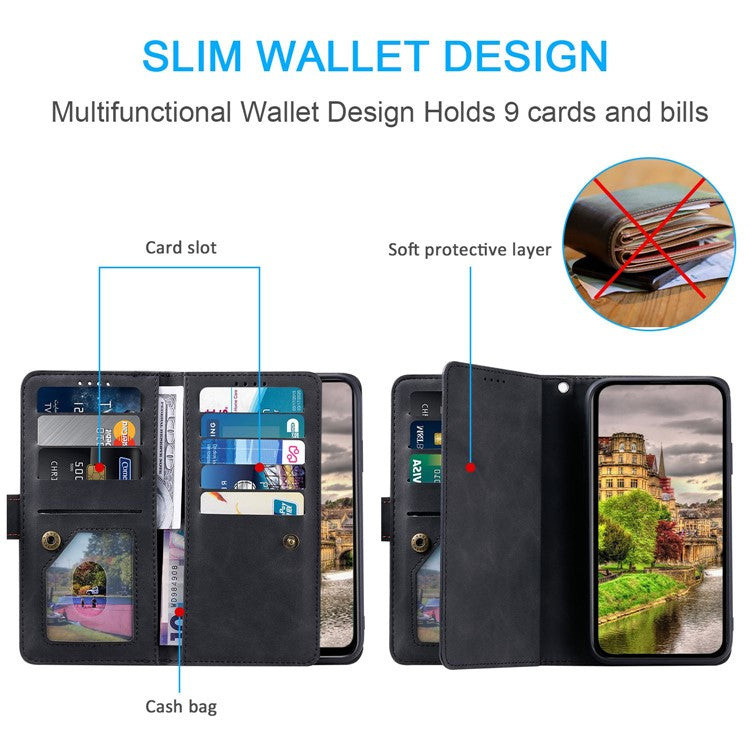 For iPhone 14 6.1 inch Zipper Pocket Design 9 Card Slots PU Leather Case Magnetic Closure Stand Wallet Cover with Strap - Black