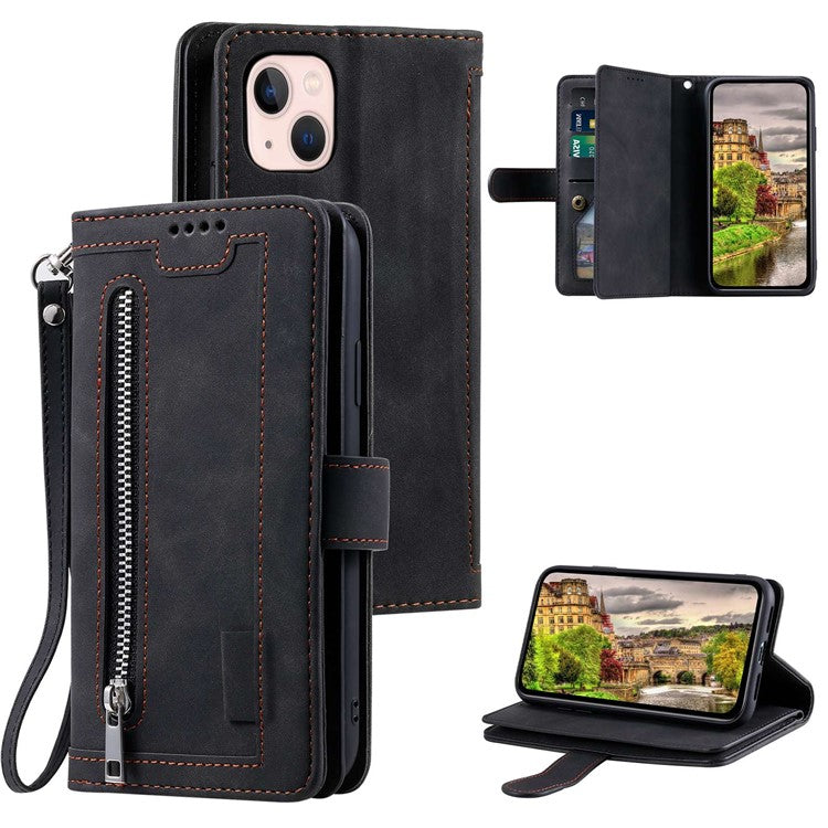 For iPhone 14 6.1 inch Zipper Pocket Design 9 Card Slots PU Leather Case Magnetic Closure Stand Wallet Cover with Strap - Black
