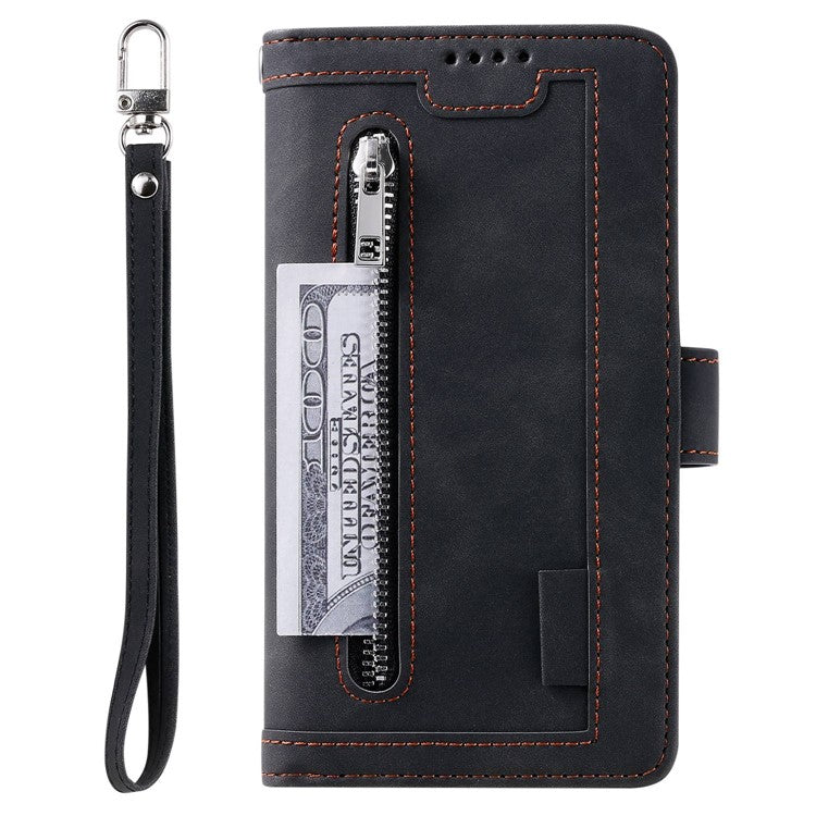 For iPhone 14 6.1 inch Zipper Pocket Design 9 Card Slots PU Leather Case Magnetic Closure Stand Wallet Cover with Strap - Black