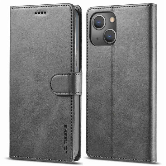 LC.IMEEKE For iPhone 14 6.1 inch Flip Folio Book PU Leather Case Wallet Stand Shockproof TPU Inner Shell Phone Cover - Grey