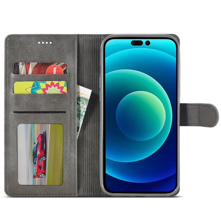 LC.IMEEKE For iPhone 14 6.1 inch Flip Folio Book PU Leather Case Wallet Stand Shockproof TPU Inner Shell Phone Cover - Grey