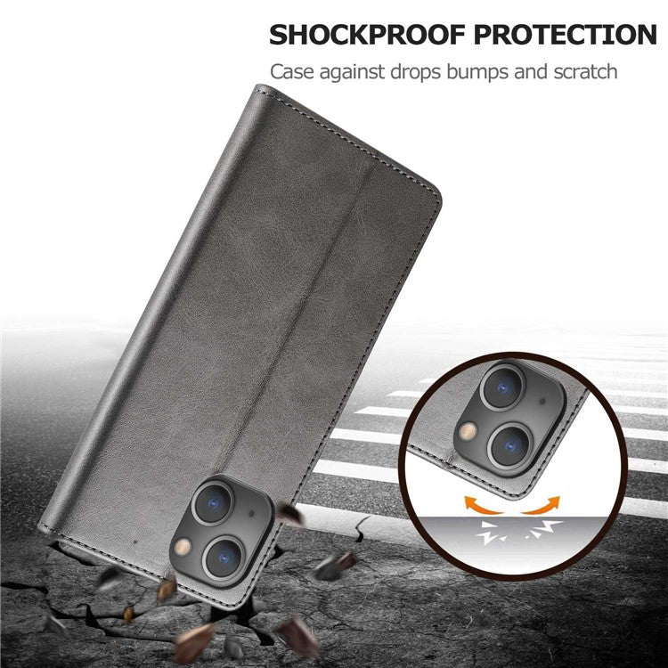 LC.IMEEKE For iPhone 14 6.1 inch Flip Folio Book PU Leather Case Wallet Stand Shockproof TPU Inner Shell Phone Cover - Grey