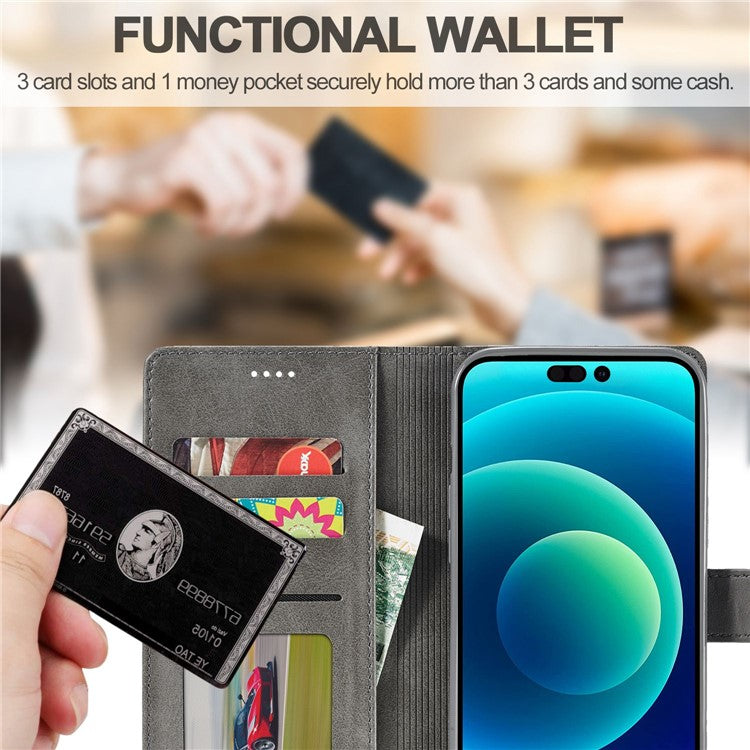 LC.IMEEKE For iPhone 14 6.1 inch Flip Folio Book PU Leather Case Wallet Stand Shockproof TPU Inner Shell Phone Cover - Grey