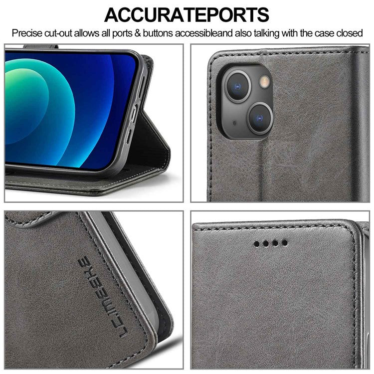 LC.IMEEKE For iPhone 14 6.1 inch Flip Folio Book PU Leather Case Wallet Stand Shockproof TPU Inner Shell Phone Cover - Grey