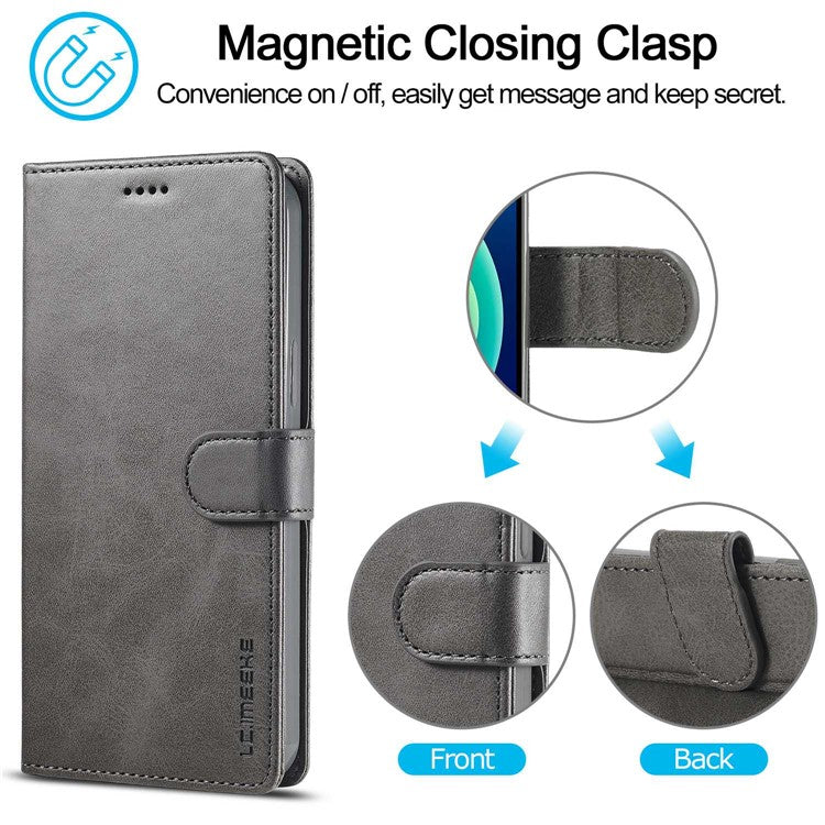 LC.IMEEKE For iPhone 14 6.1 inch Flip Folio Book PU Leather Case Wallet Stand Shockproof TPU Inner Shell Phone Cover - Grey