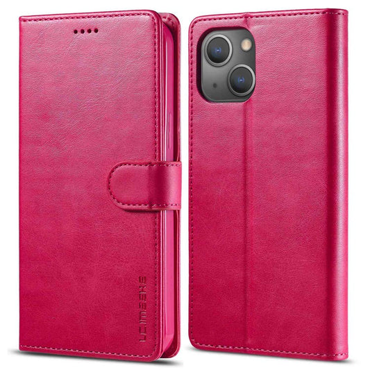 LC.IMEEKE For iPhone 14 Plus Magnetic PU Leather Protect Folio Cover TPU Protective Interior Shell Stand Flip Wallet Case - Rose