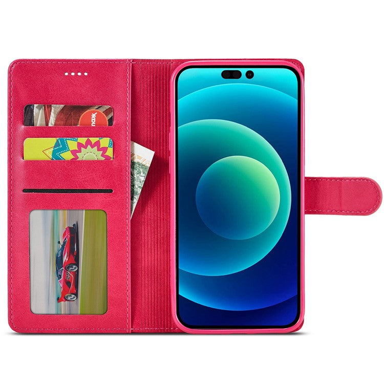 LC.IMEEKE For iPhone 14 Plus Magnetic PU Leather Protect Folio Cover TPU Protective Interior Shell Stand Flip Wallet Case - Rose