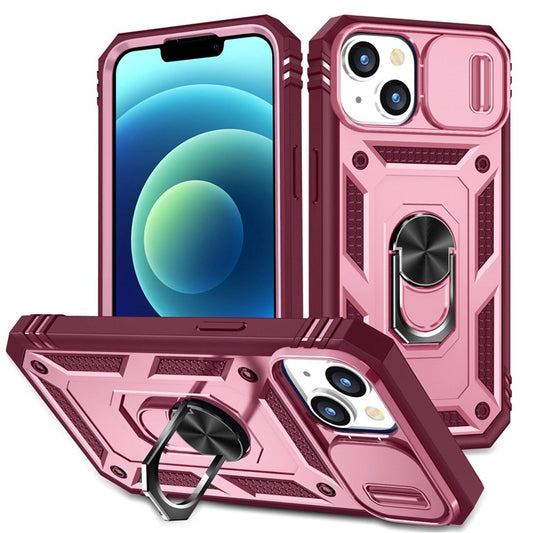 For iPhone 14 6.1 inch PC+TPU Kickstand Function Anti-wear Back Cover Sliding Camera Lens Protector Case with Card Slot - Pink  /  Dark Red